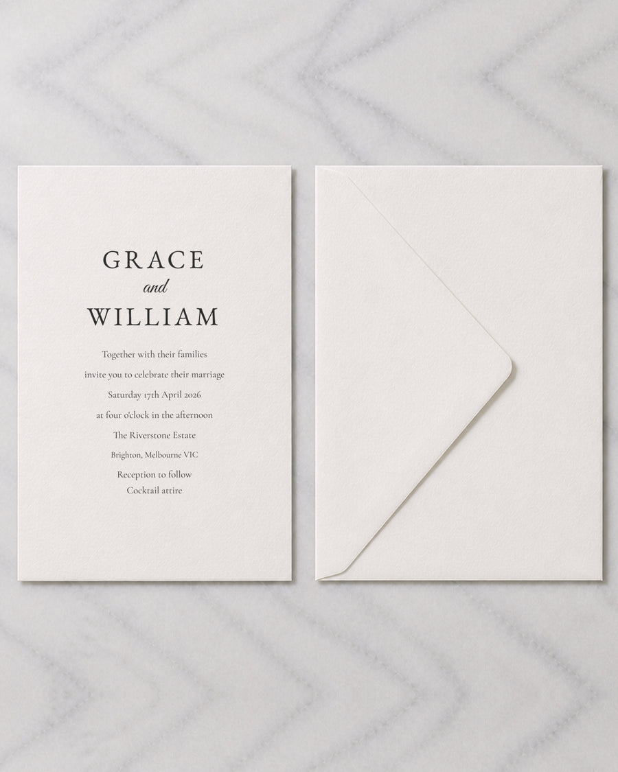 The Estelle wedding invitation, shown with its envelope