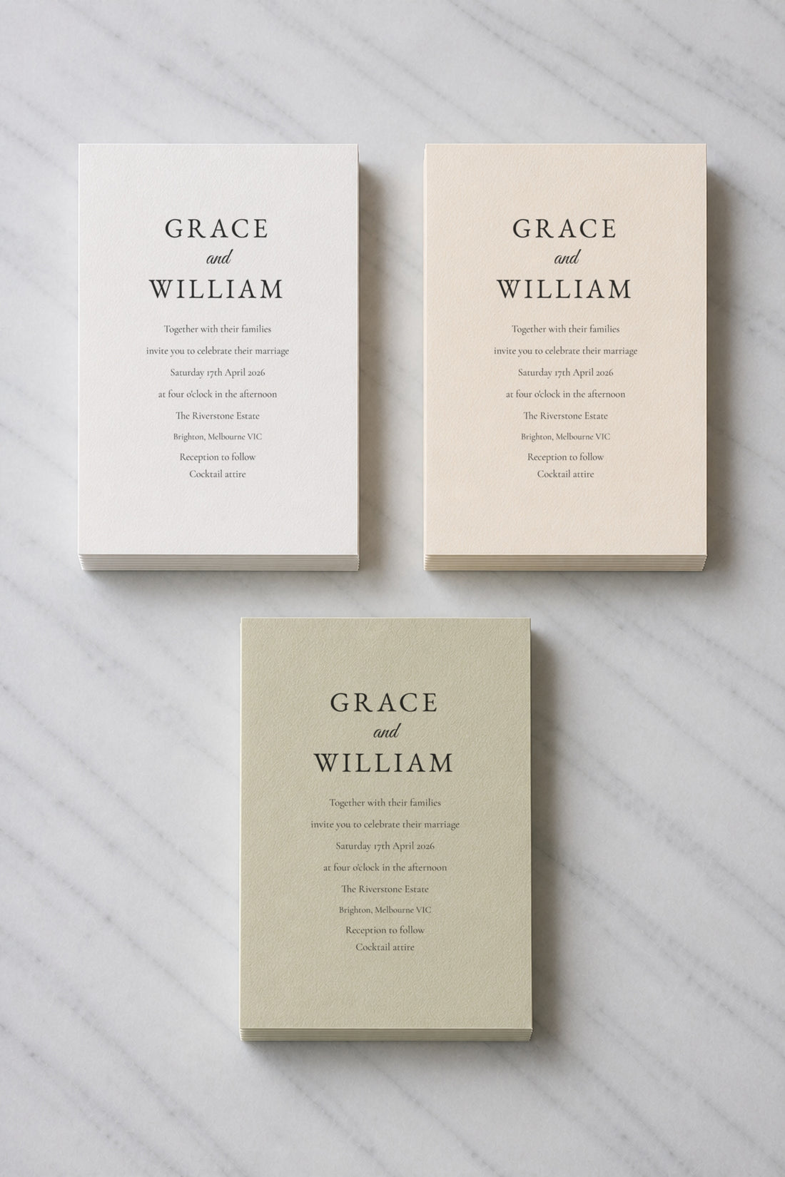 The Estelle wedding invitation, shown in three colourways