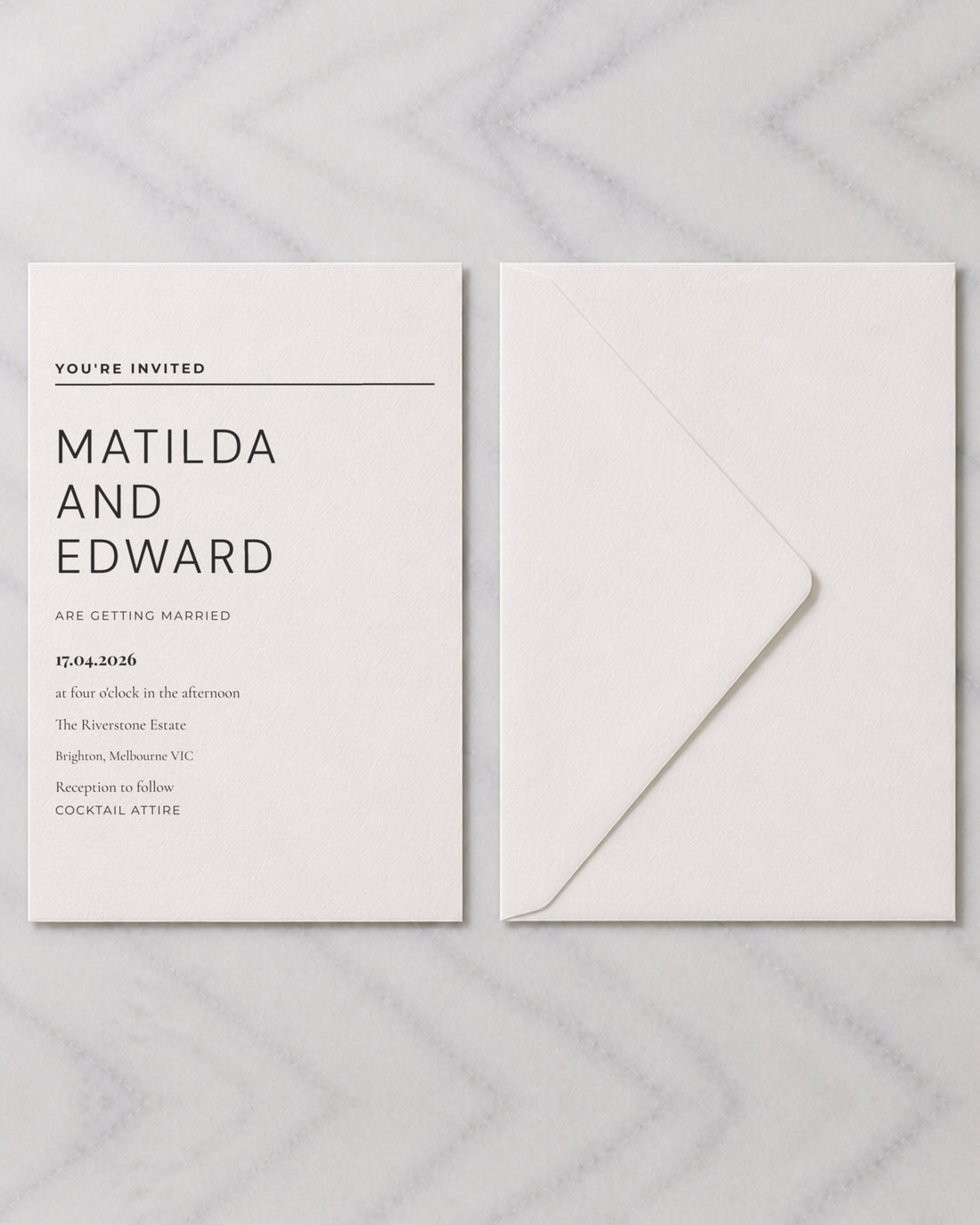 The Gazette wedding invitation, shown with its envelope