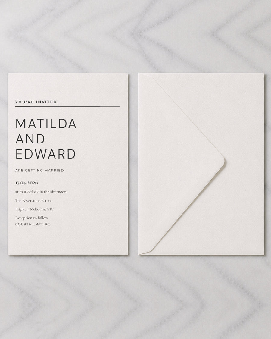 The Gazette wedding invitation, shown with its envelope