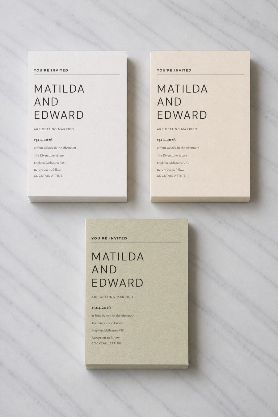 The Gazette wedding invitation, shown in three colourways