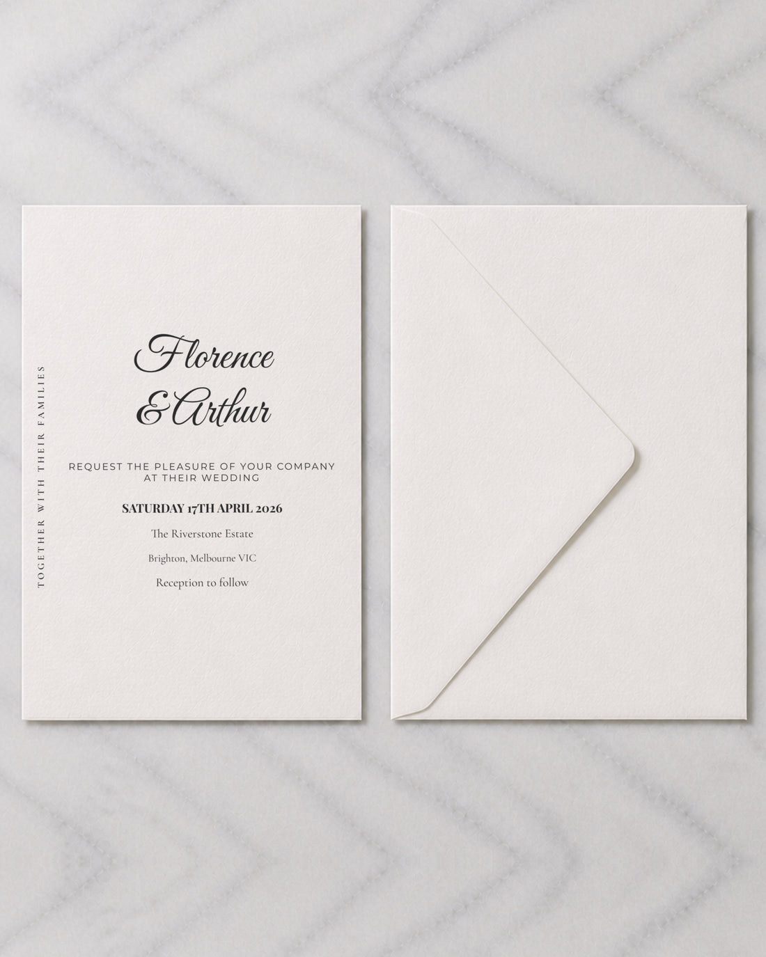 The Quill wedding invitation, shown with its envelope