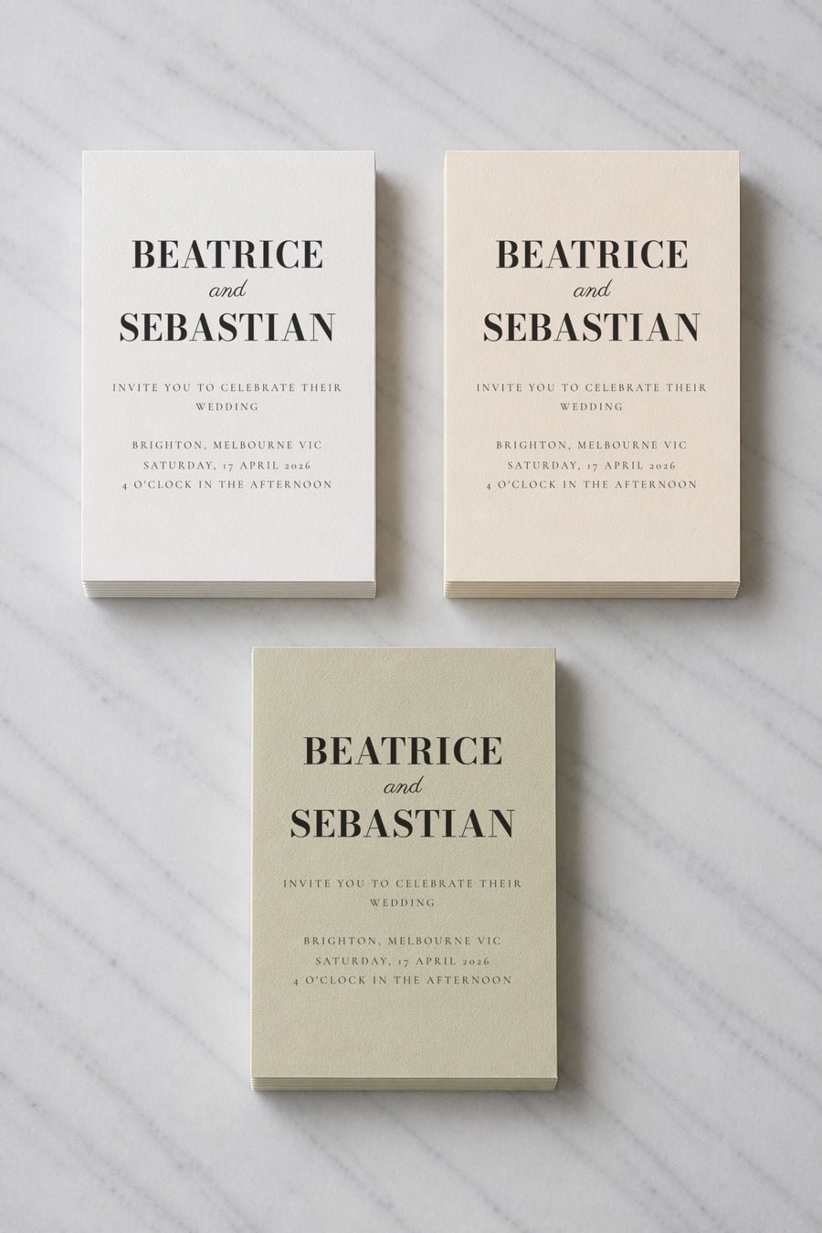 The Ironstone wedding invitation, shown in three colourways