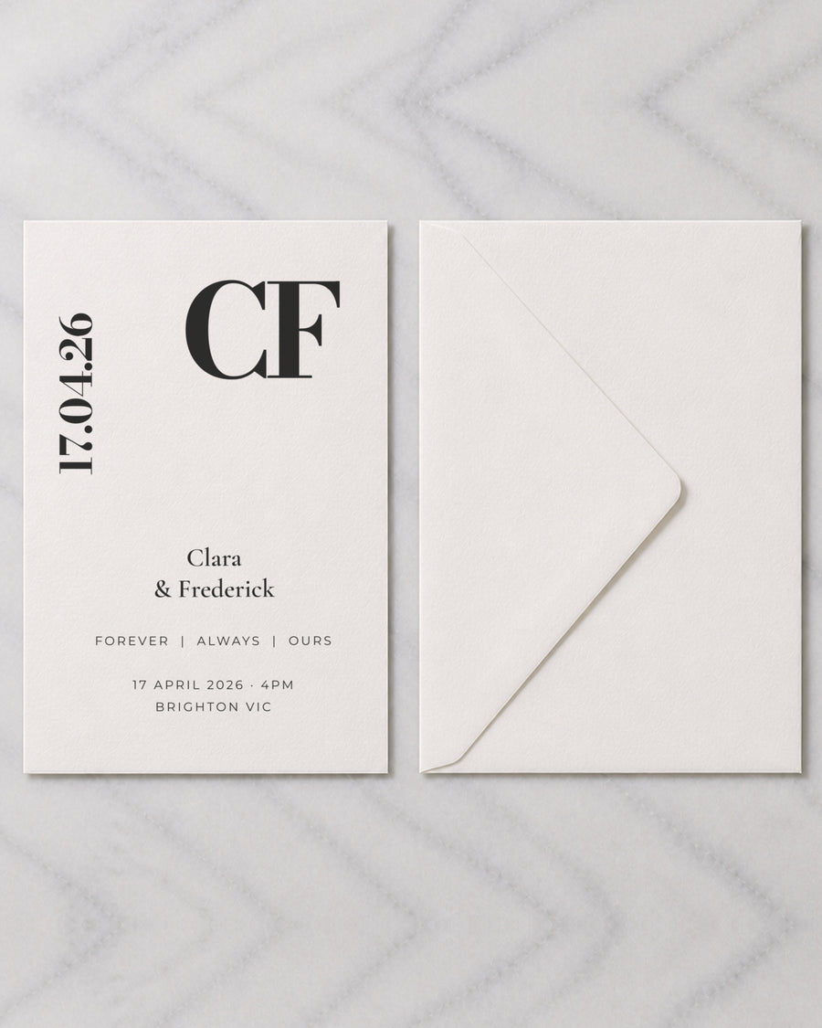 The Quartz wedding invitation, shown with its envelope