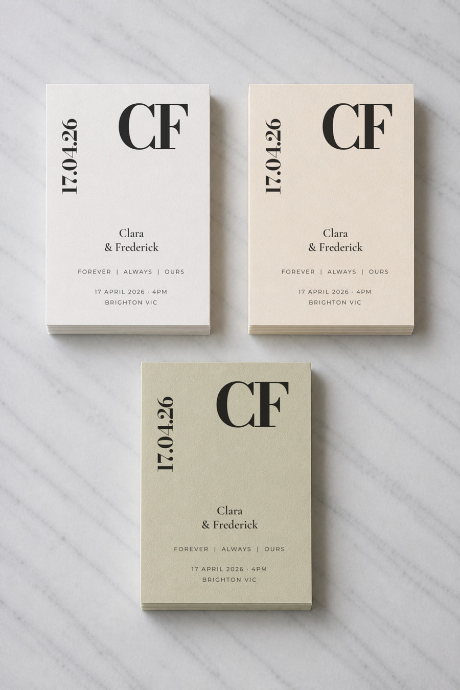The Quartz wedding invitation, shown in three colourways