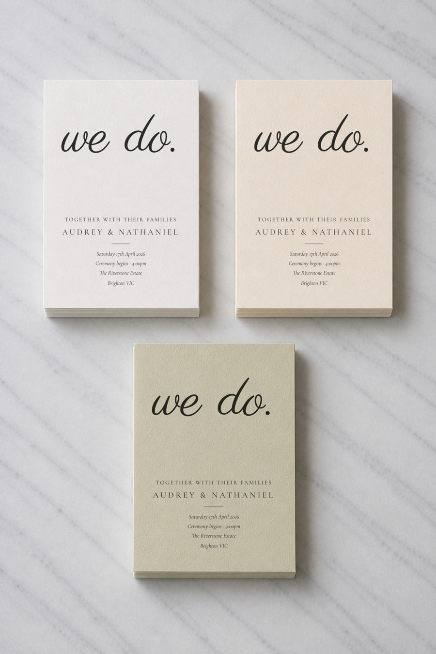 The Coogee wedding invitation, shown in three colourways