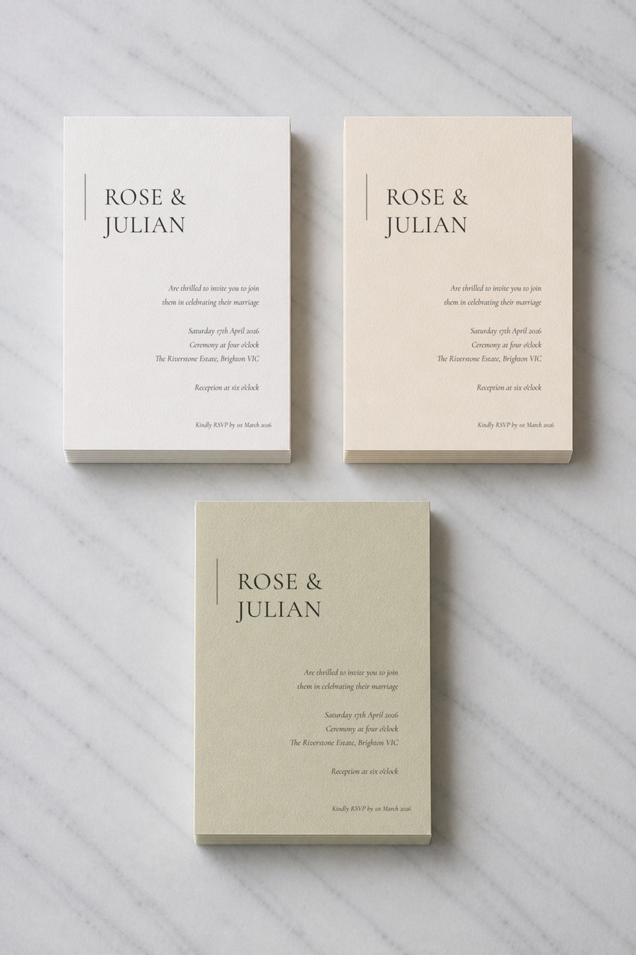 The Hartley wedding invitation, shown in three colourways