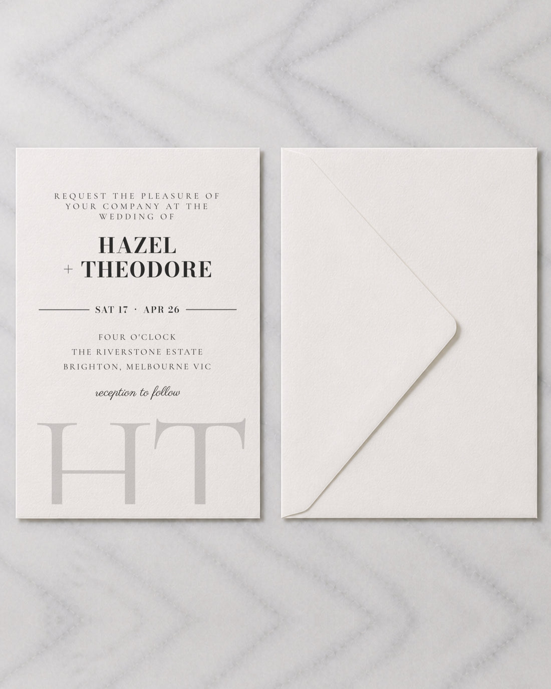 The Granite wedding invitation, shown with its envelope