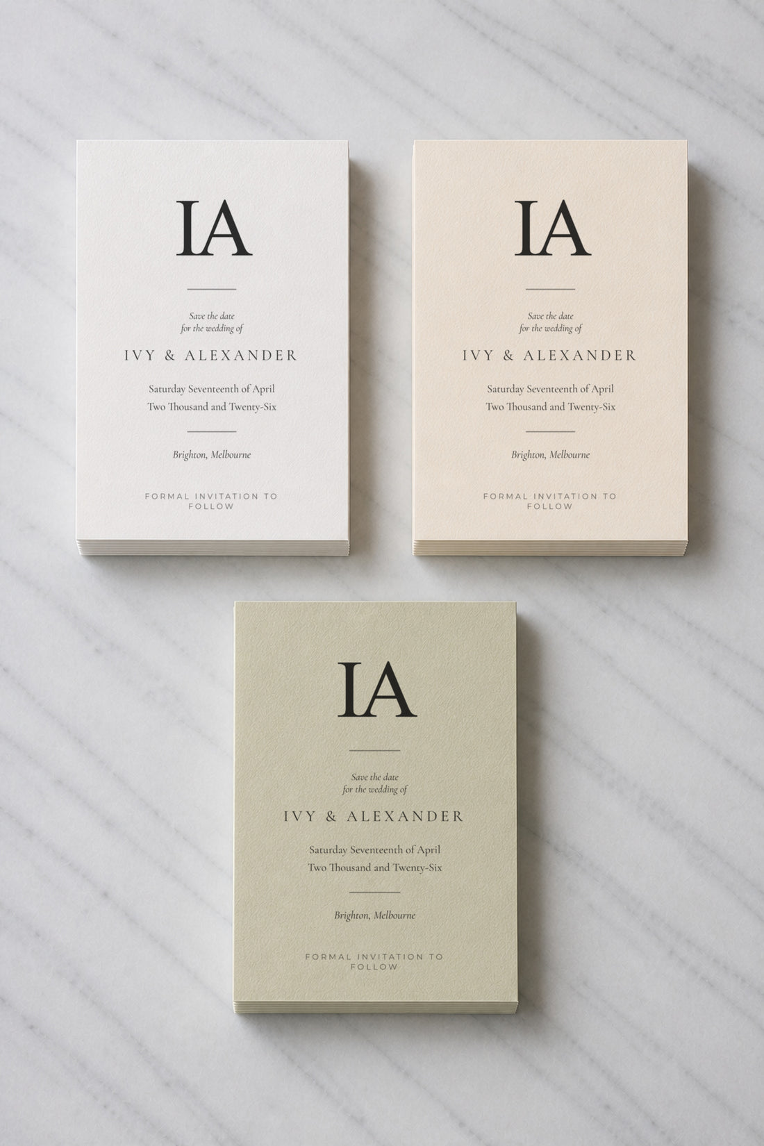 The Thornbury save the date, shown in three colourways