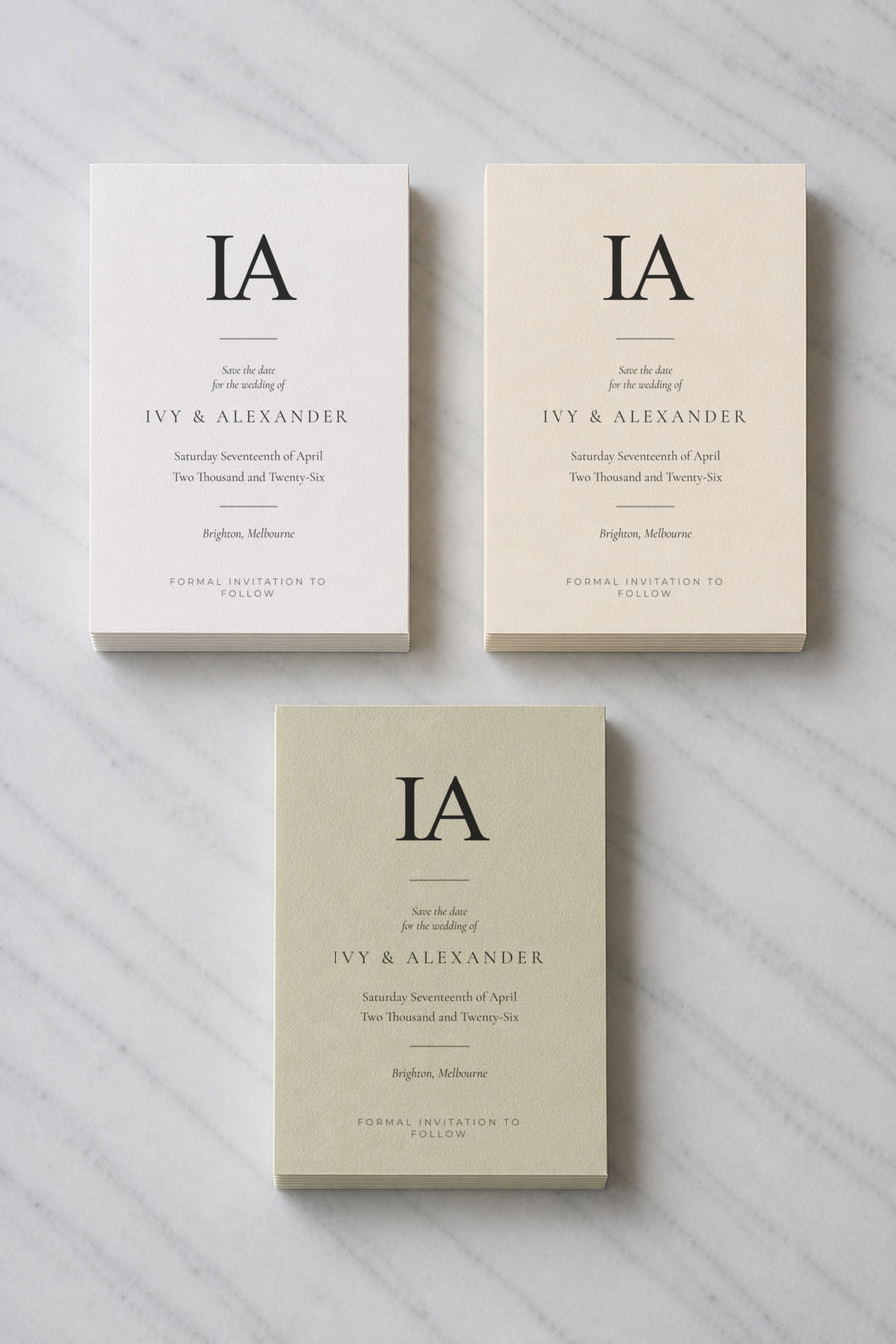 The Thornbury save the date, shown in three colourways