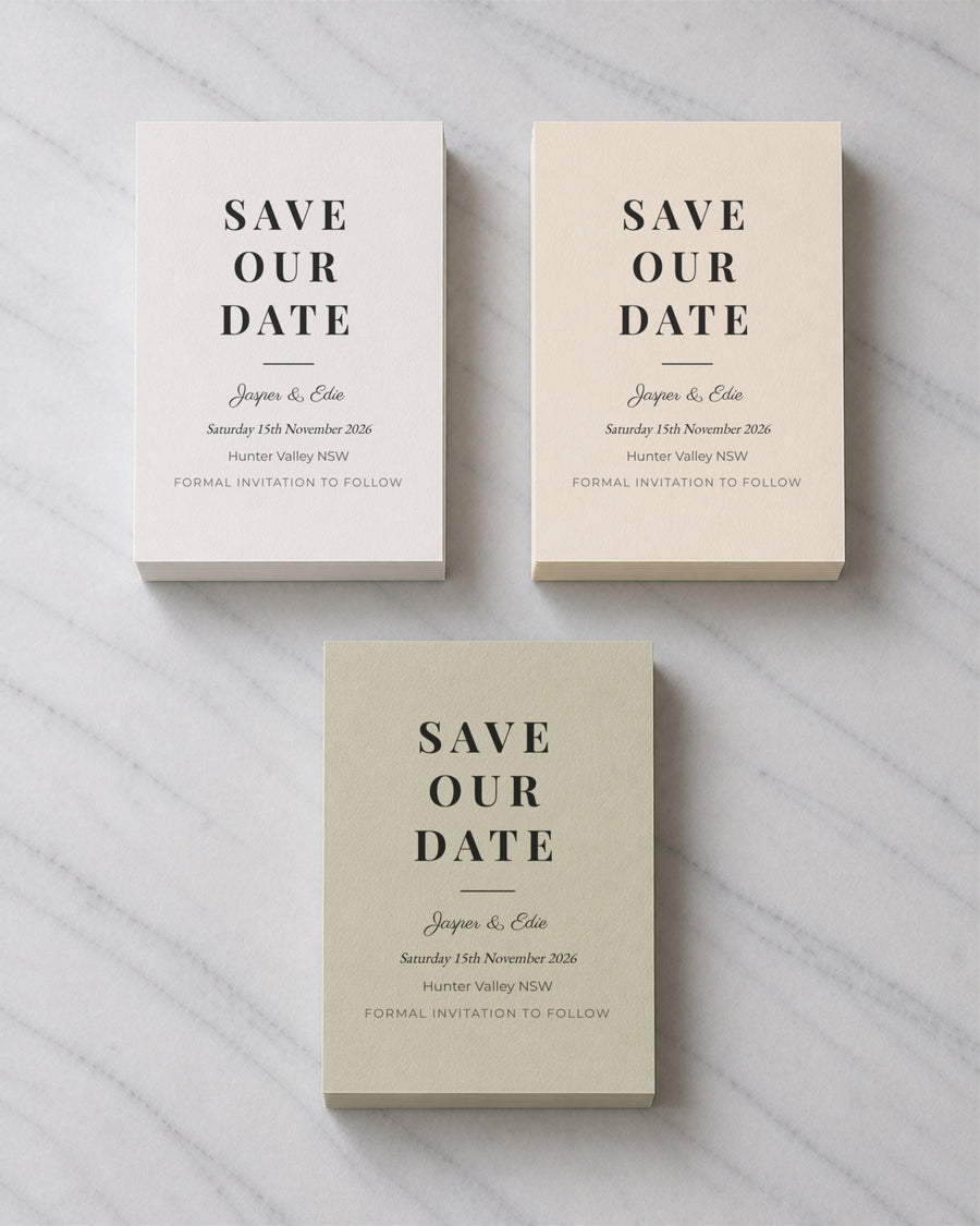 The Headland save the date, shown in three colourways
