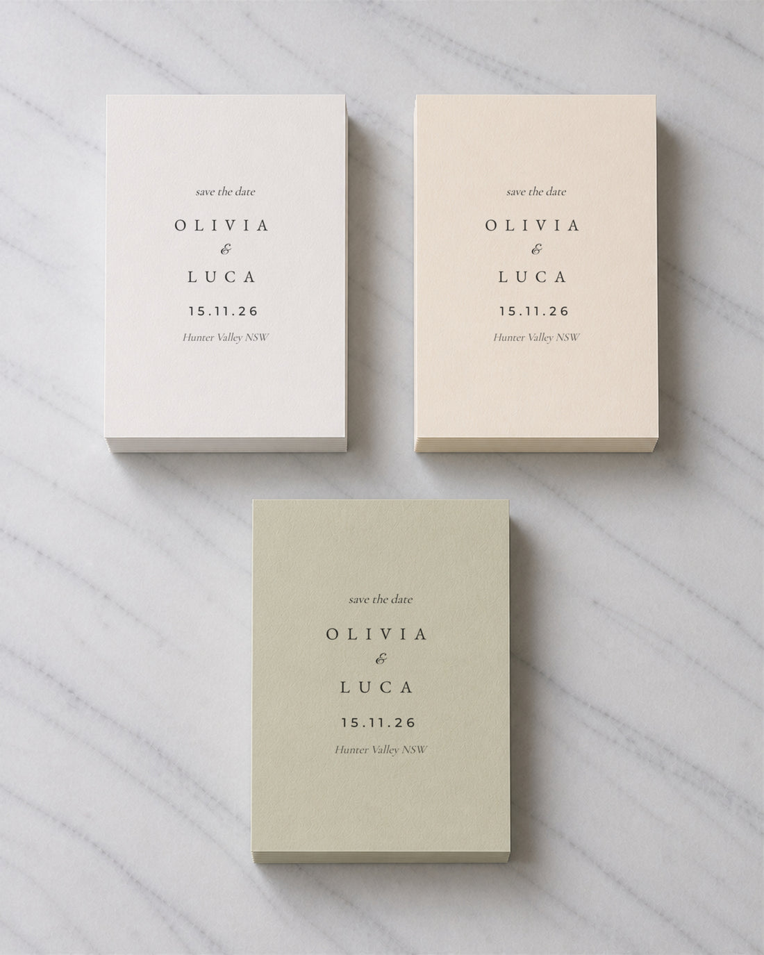 The Portsea save the date, shown in three colourways