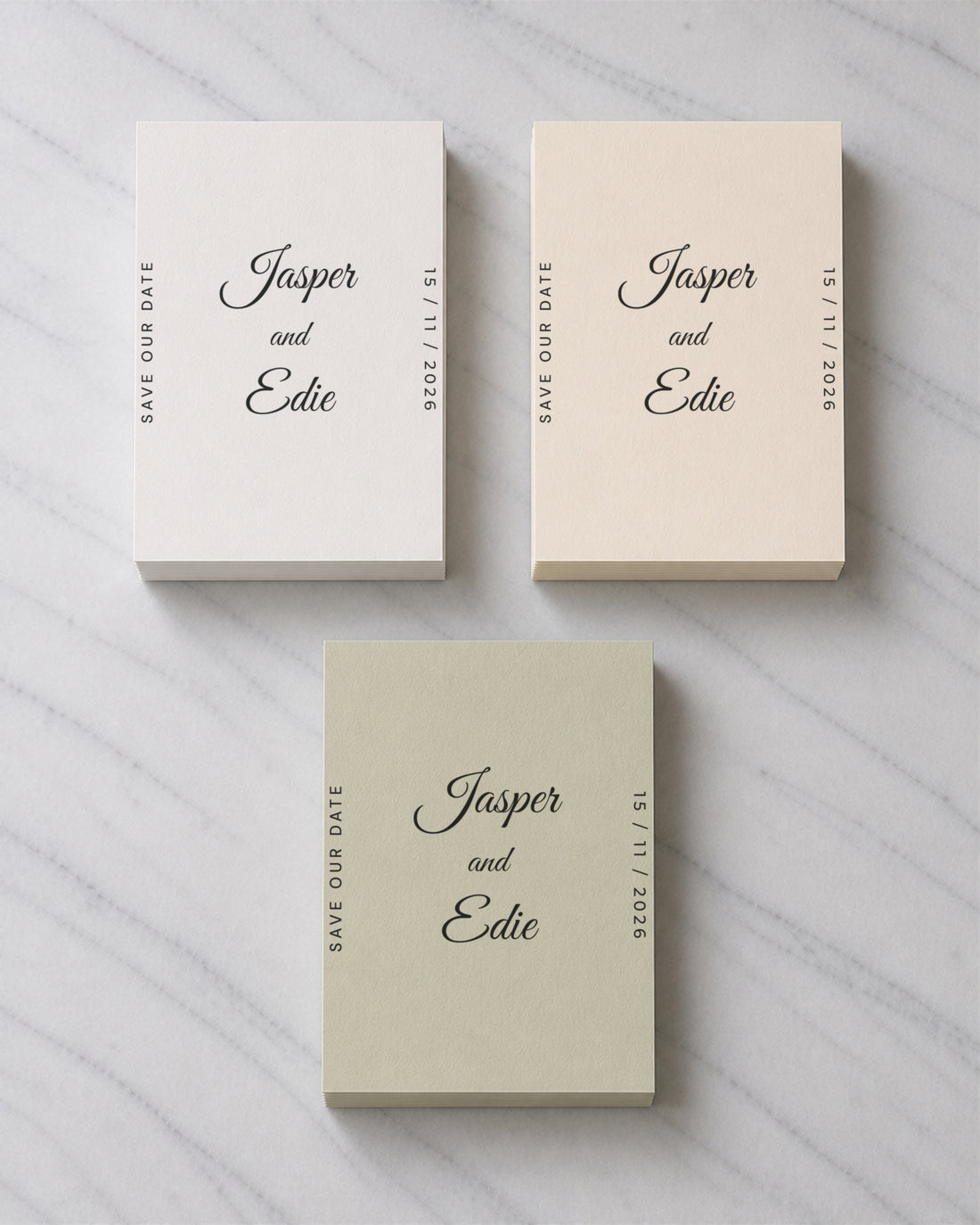 The Marlowe save the date, shown in three colourways