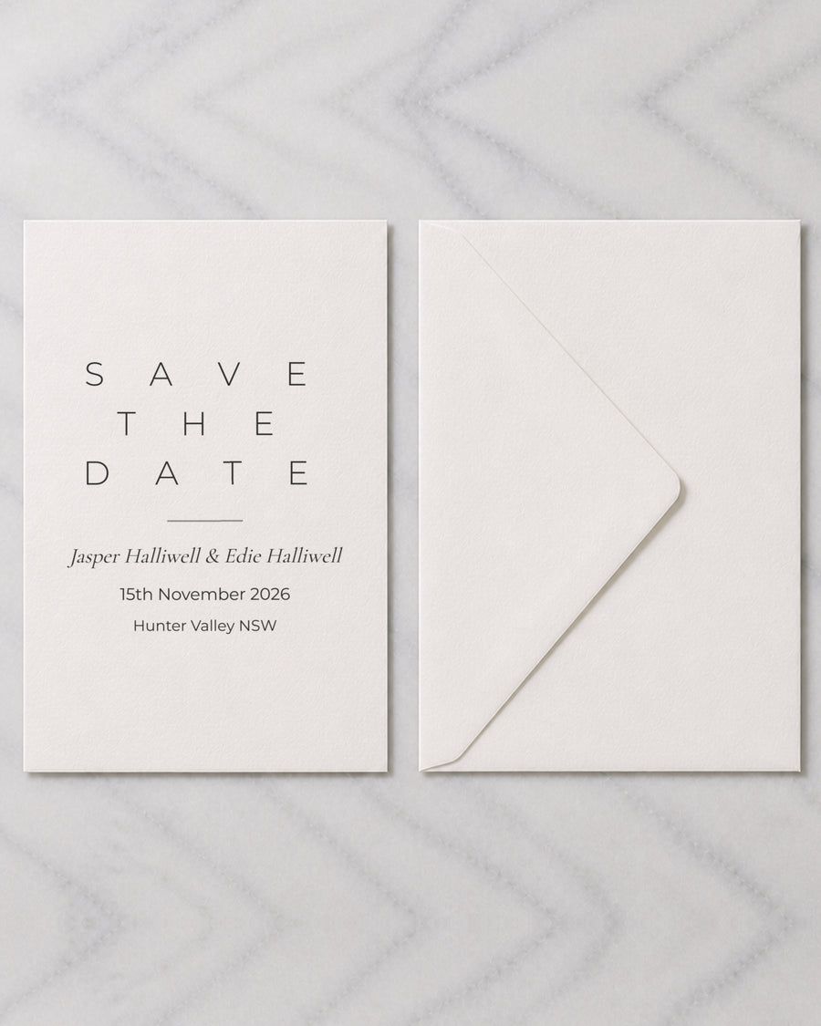 The Opaline save the date, shown with its envelope