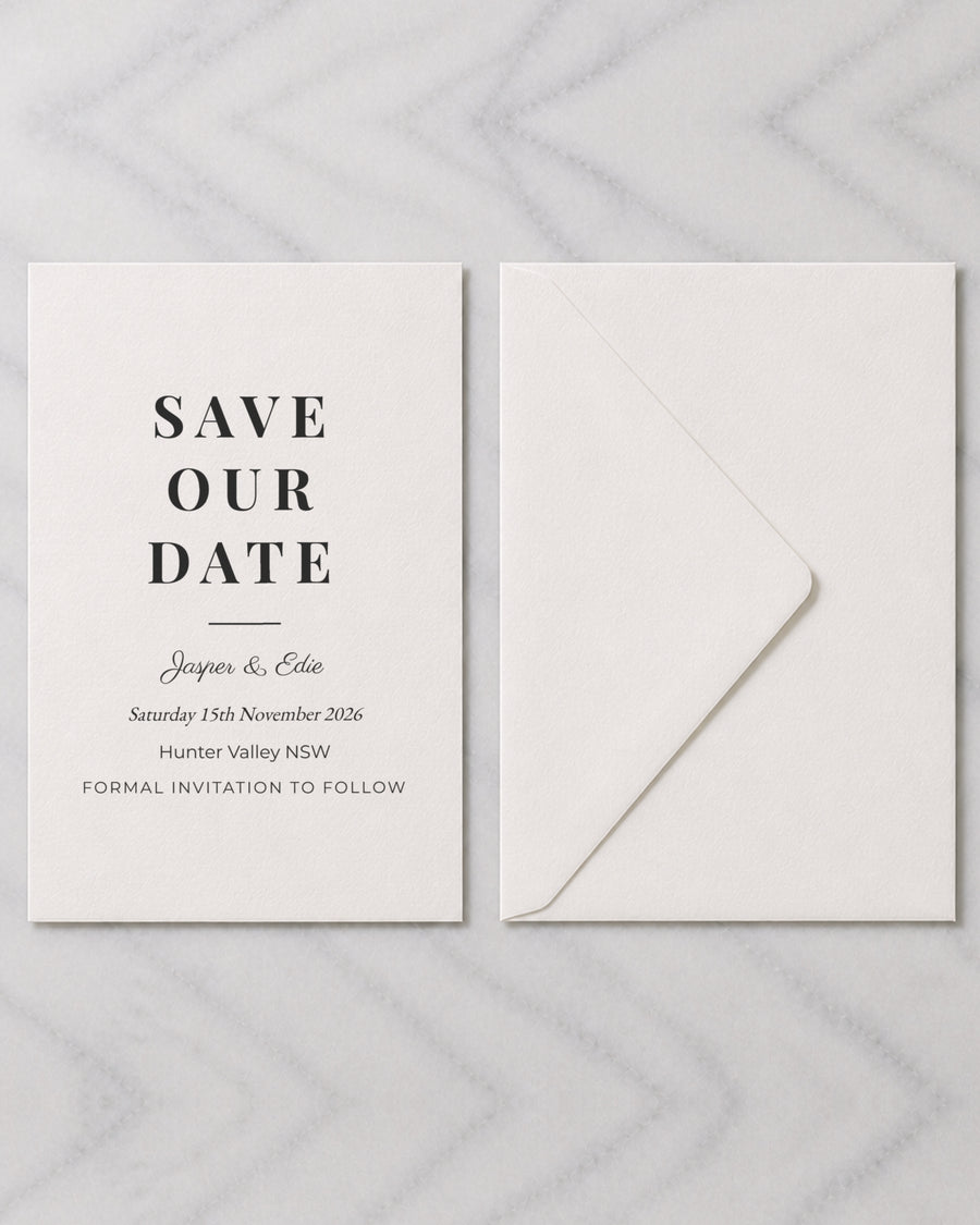 The Headland save the date, shown with its envelope