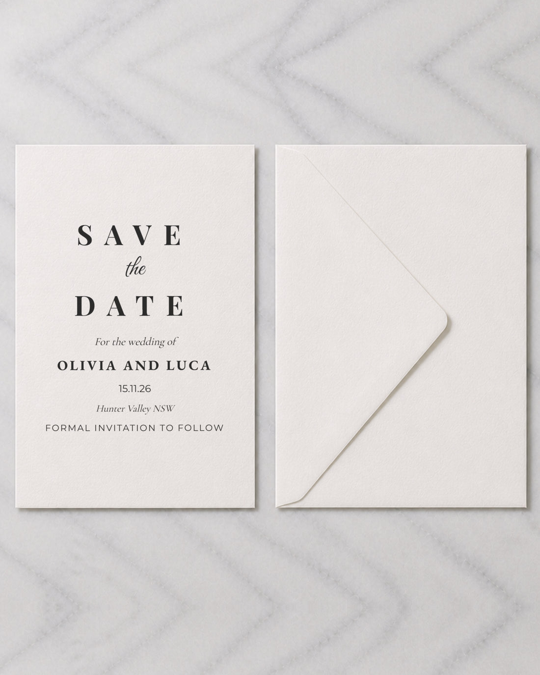 The Sorrento save the date, shown with its envelope