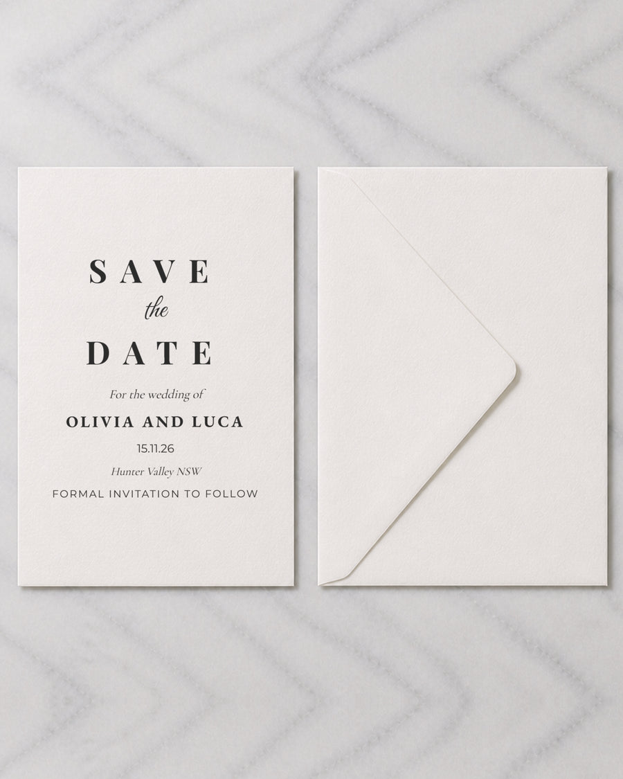The Sorrento save the date, shown with its envelope