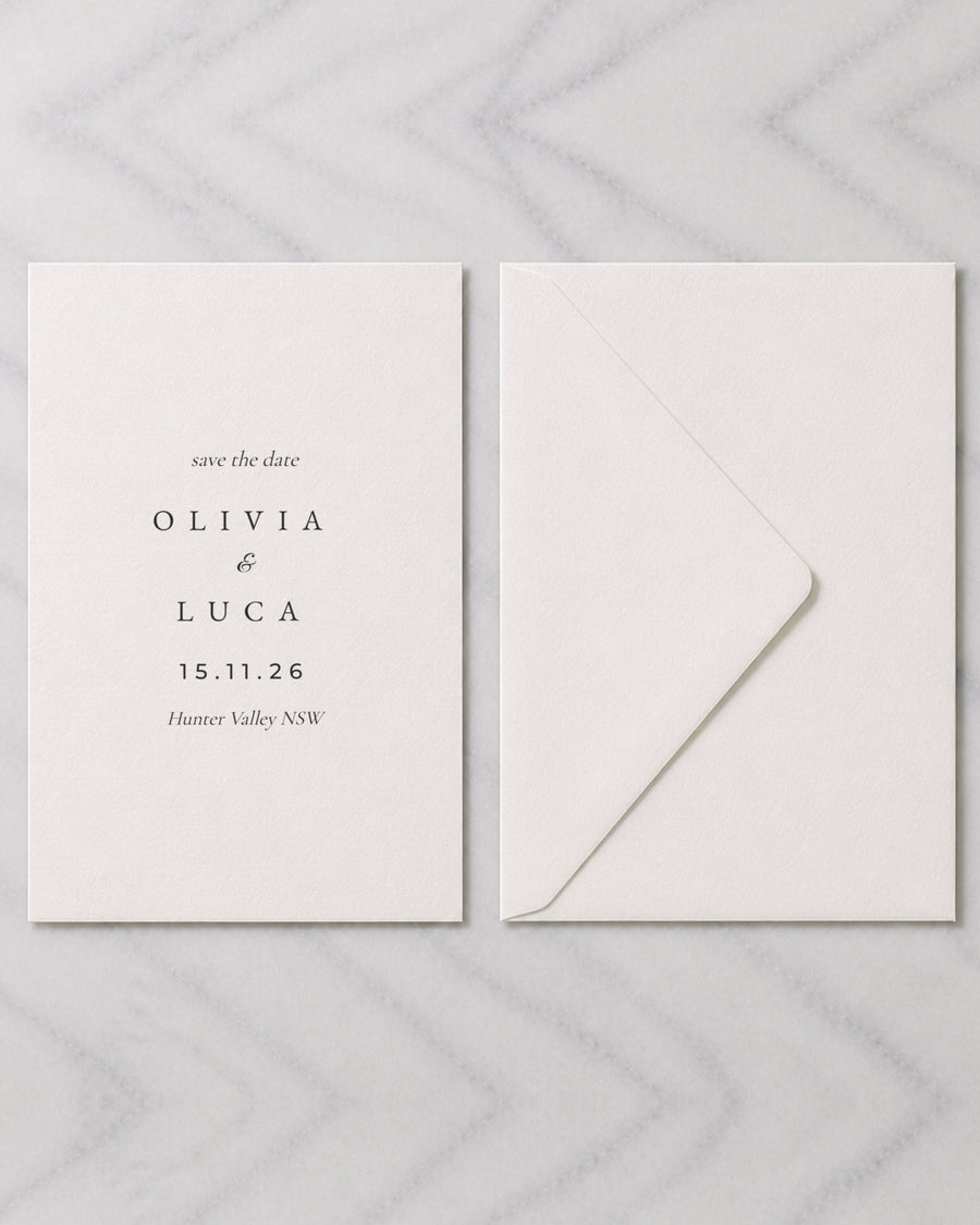 The Portsea save the date, shown with its envelope