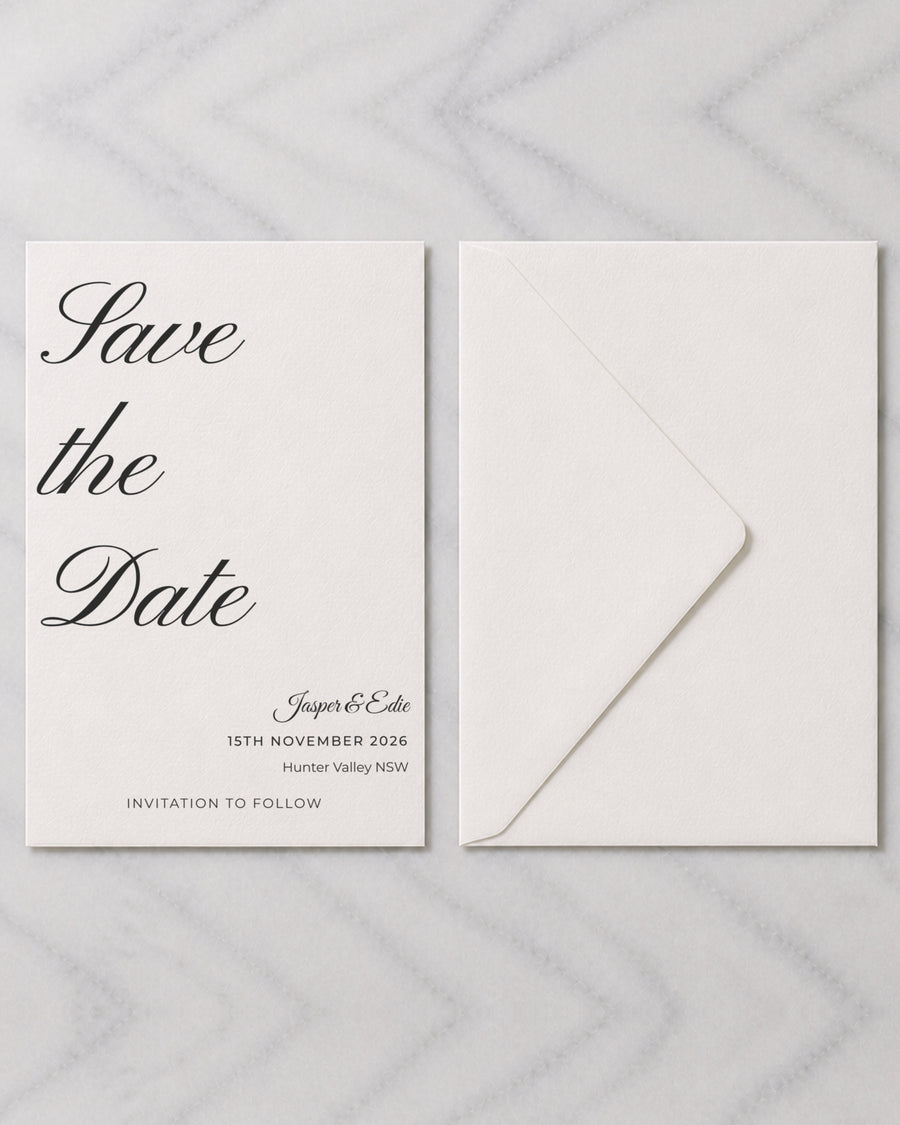 The Rosslyn save the date, shown with its envelope