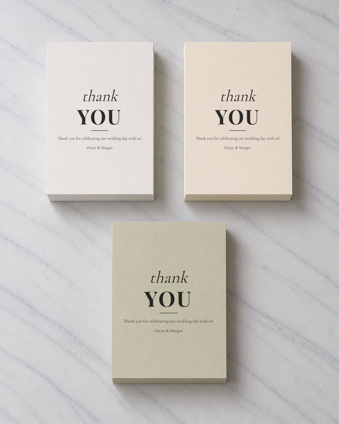 Three stacks of Mixed thank you cards in Porcelain, Ivory and Sage Green