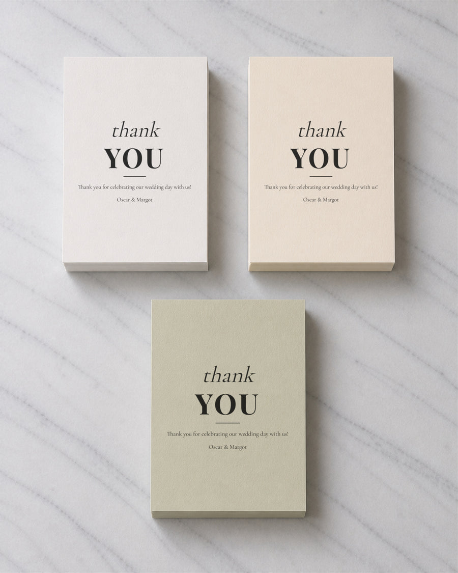Three stacks of Mixed thank you cards in Porcelain, Ivory and Sage Green