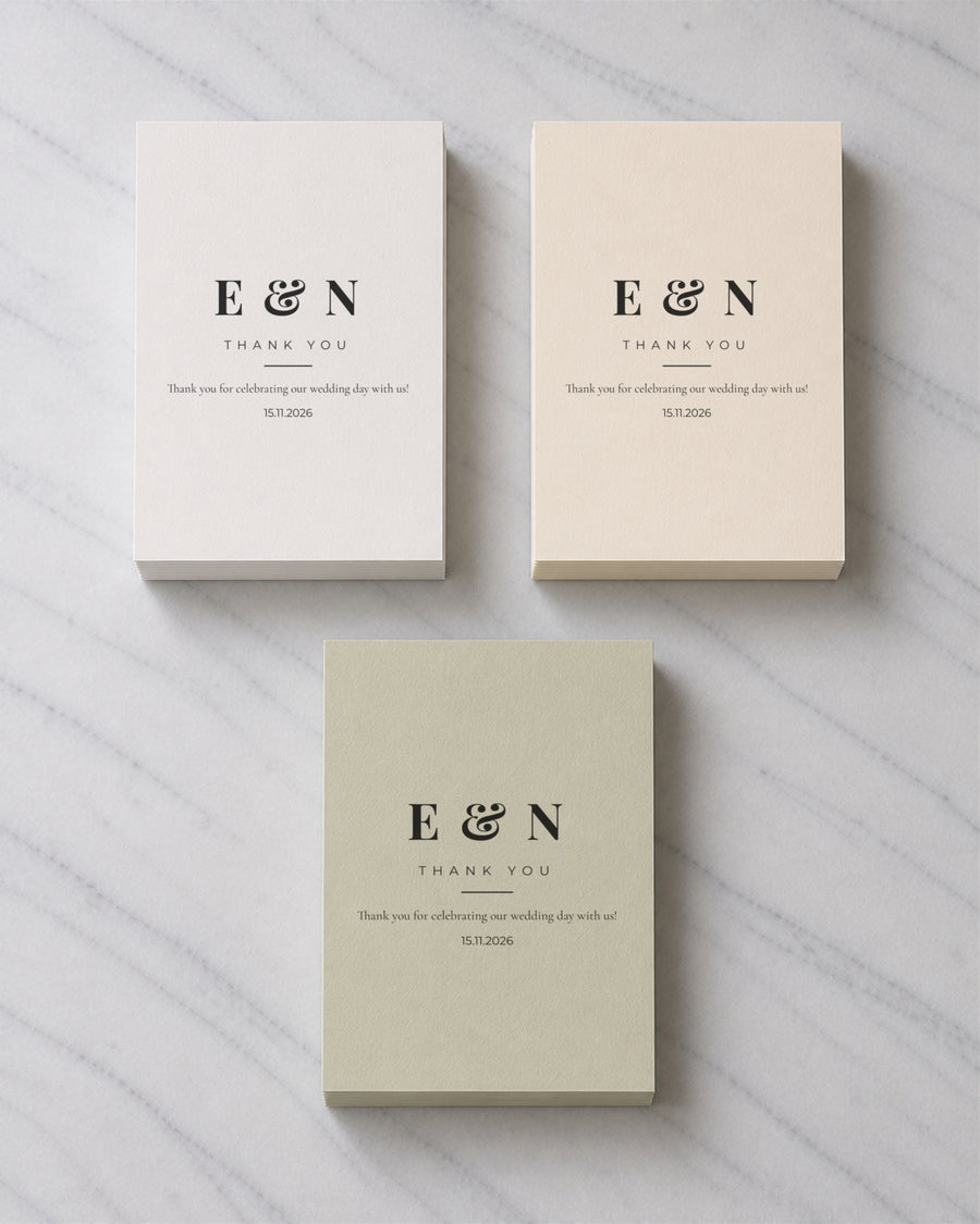 Three stacks of Initials thank you cards in Porcelain, Ivory and Sage Green