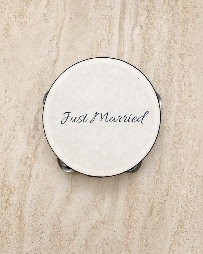 The Just Married tambourine, printed in navy script in Australia
