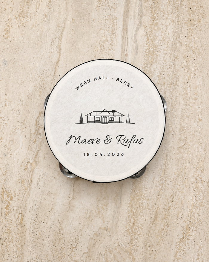 The Venue Sketch tambourine, personalised and printed in Australia