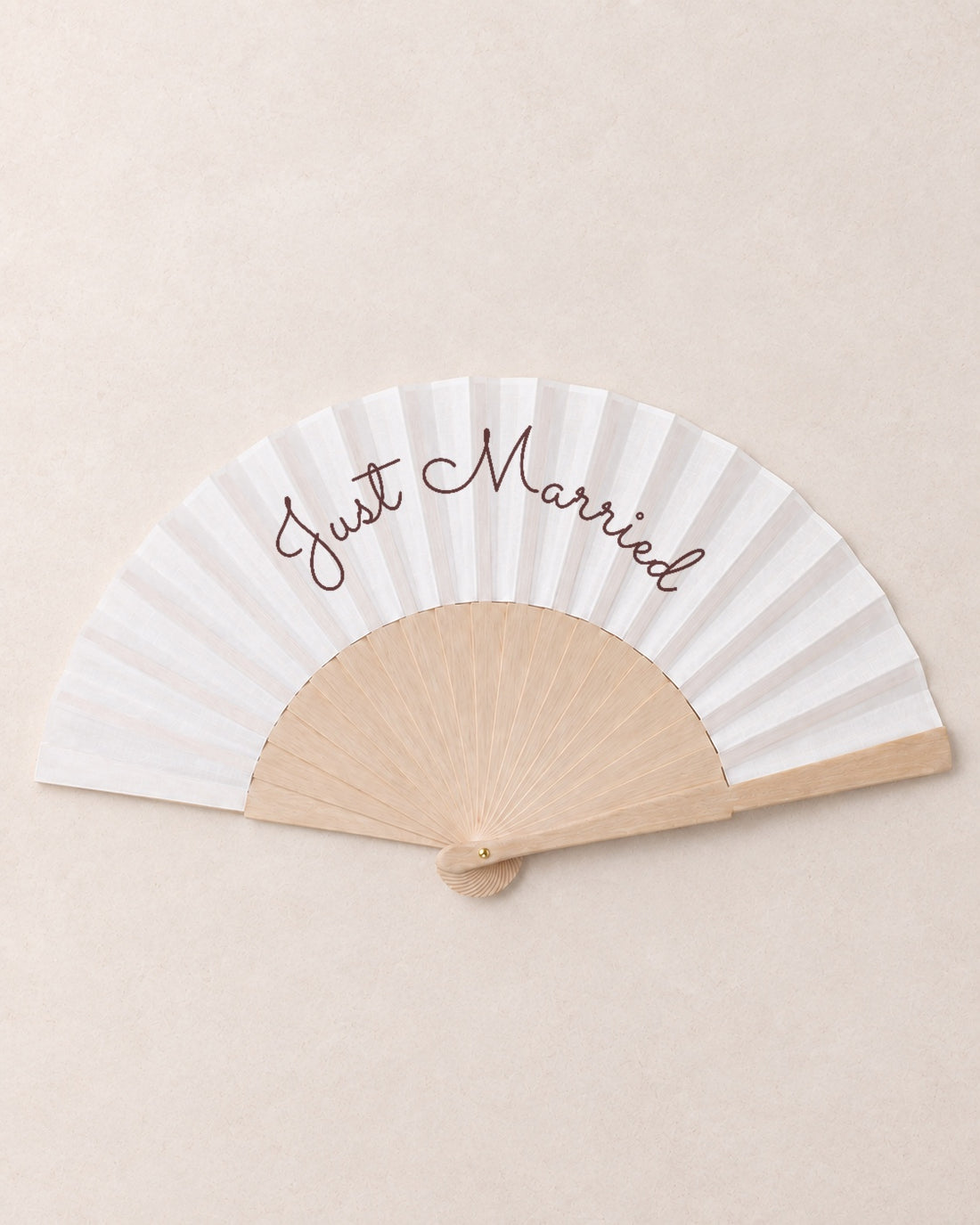 Just Married, hero, solid bamboo fan on light marble