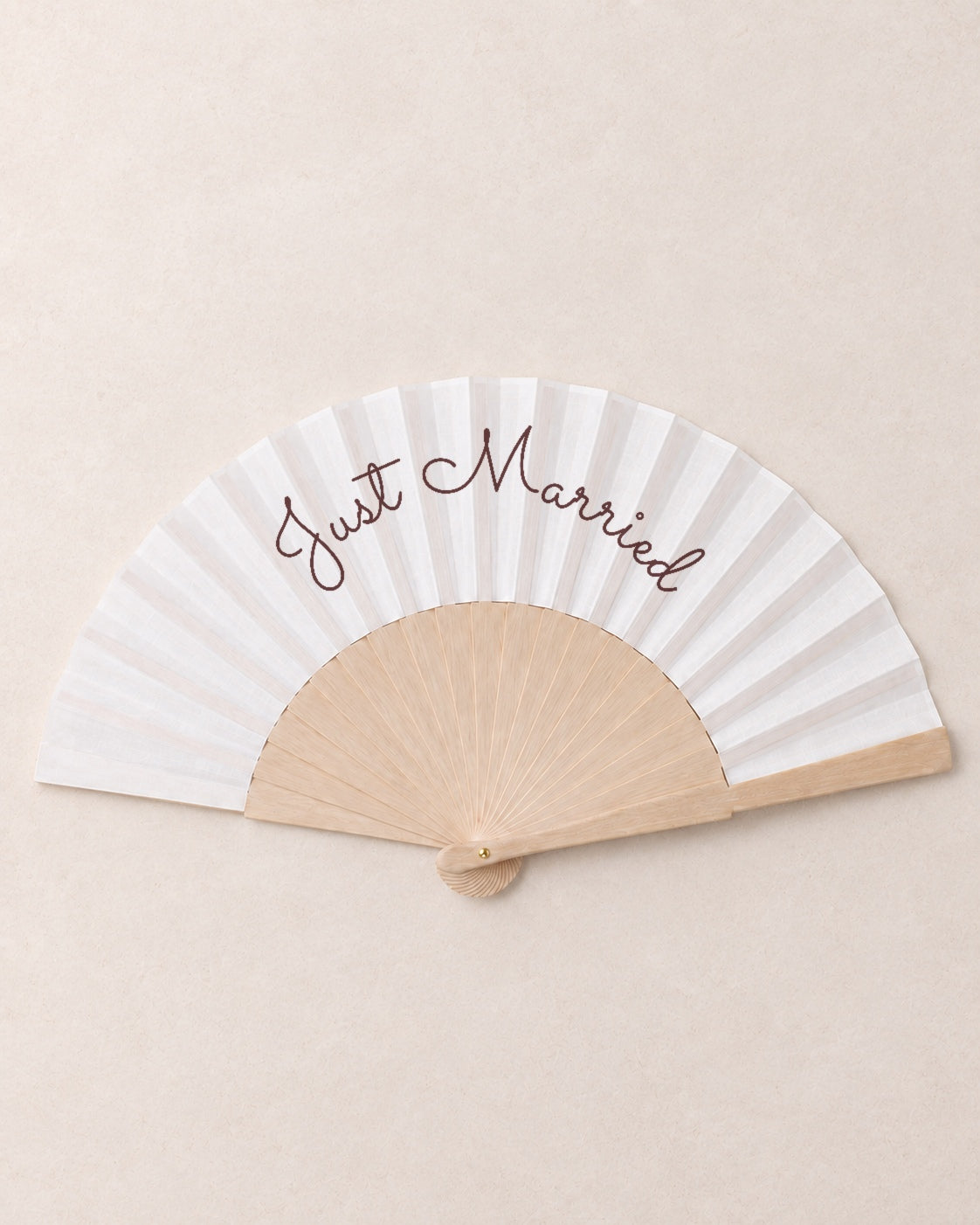 Just Married, hero, solid bamboo fan on light marble
