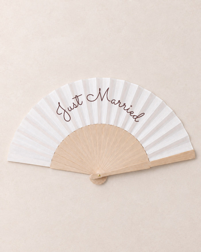 Just Married, hero, solid bamboo fan on light marble