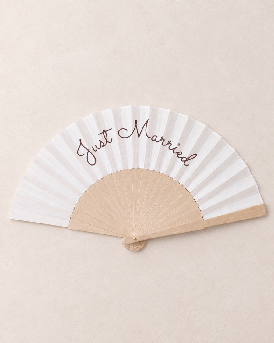Just Married, hero, solid bamboo fan on light marble