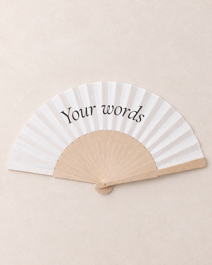 Fan Your Design (Your words), hero, solid bamboo fan on light marble