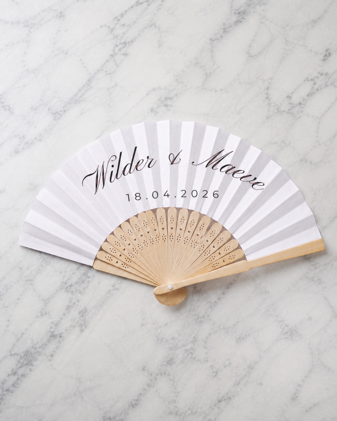 Personalised white wedding fan on pale marble