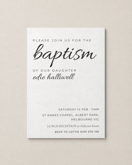 The Barley christening invitation, personalised and printed in Australia