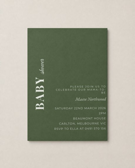 The Basalt baby shower invitation, personalised and printed in Australia