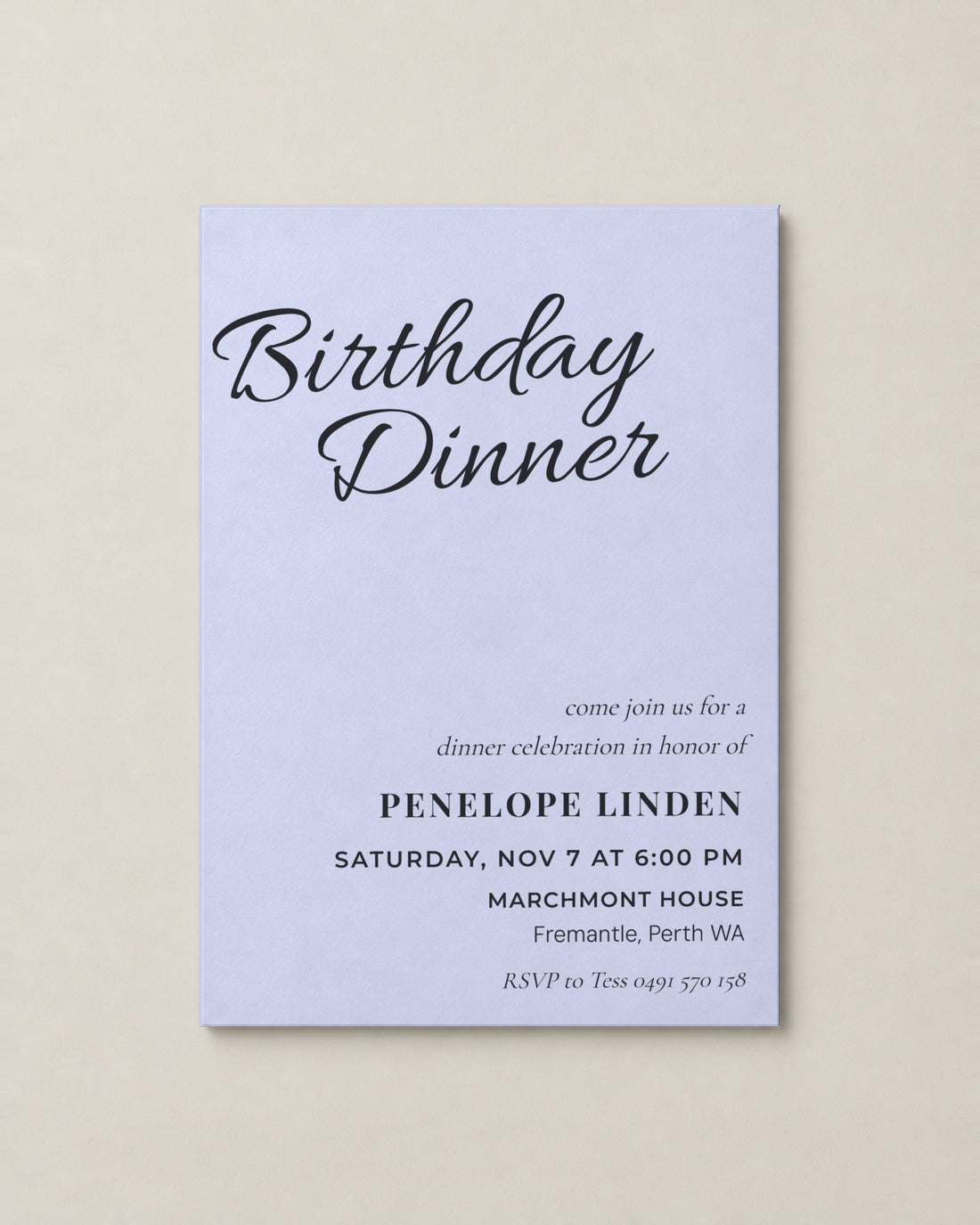 The Bellevue birthday invitation, personalised and printed in Australia
