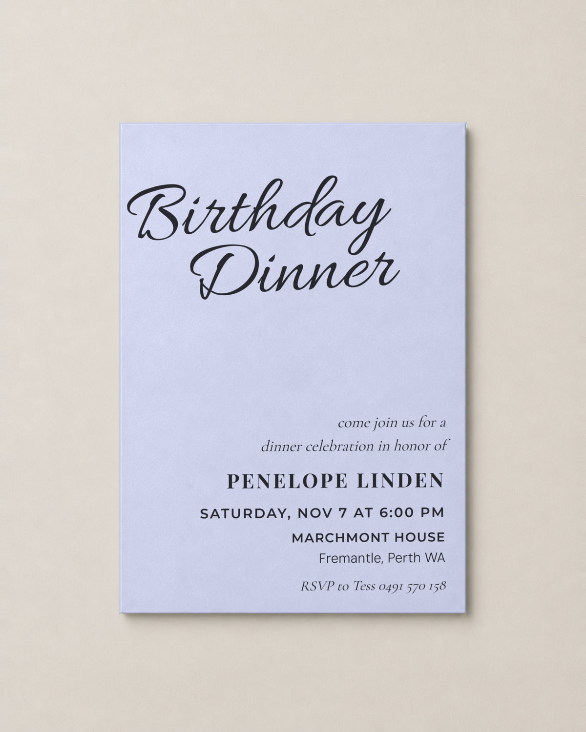The Bellevue birthday invitation, personalised and printed in Australia