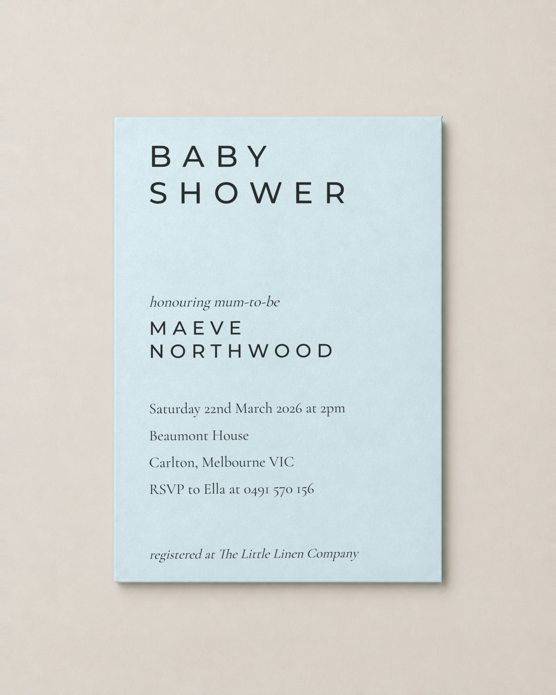 The Berrima baby shower invitation, personalised and printed in Australia