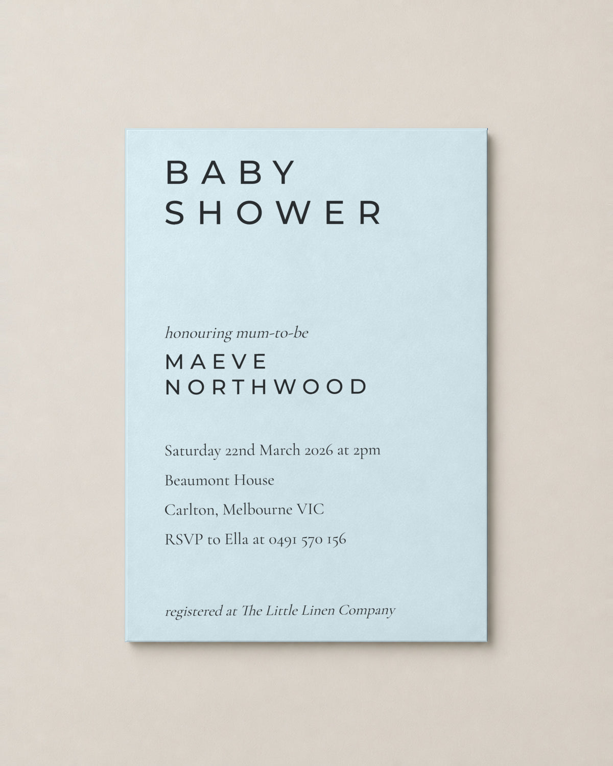 The Berrima baby shower invitation, personalised and printed in Australia
