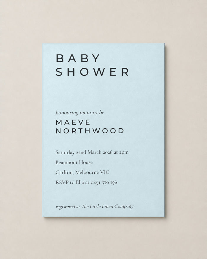 The Berrima baby shower invitation, personalised and printed in Australia