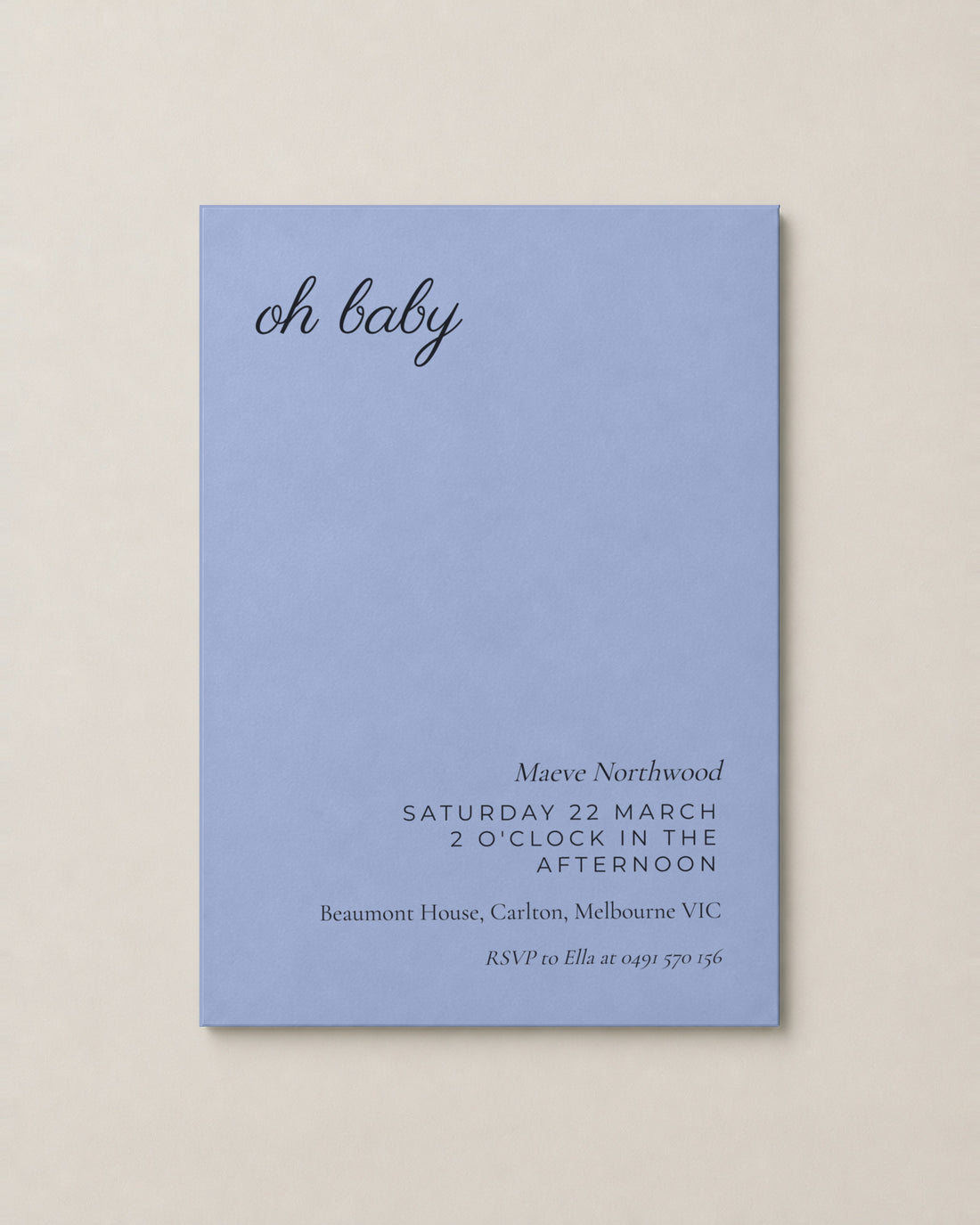 The Bluebell baby shower invitation, personalised and printed in Australia