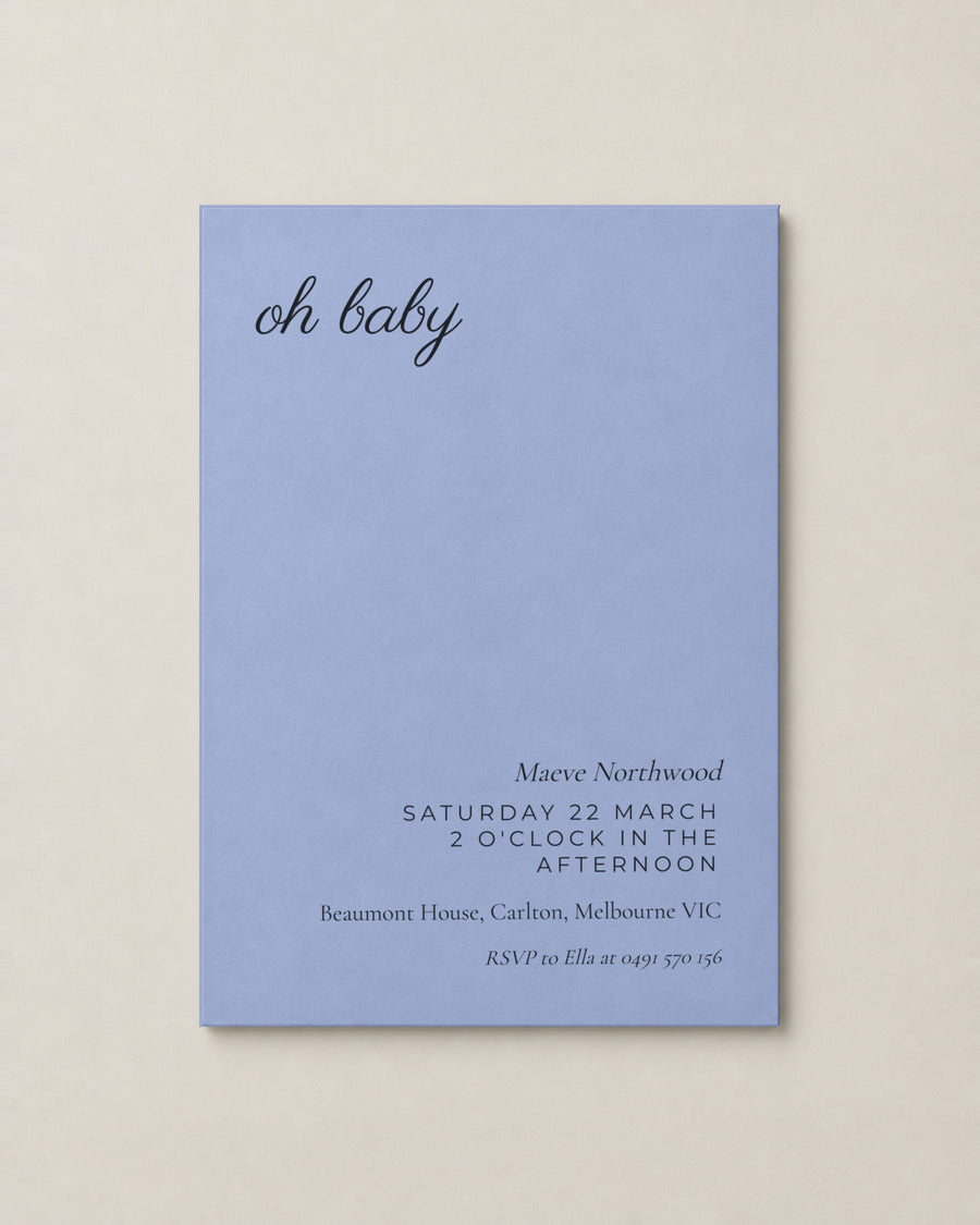 The Bluebell baby shower invitation, personalised and printed in Australia