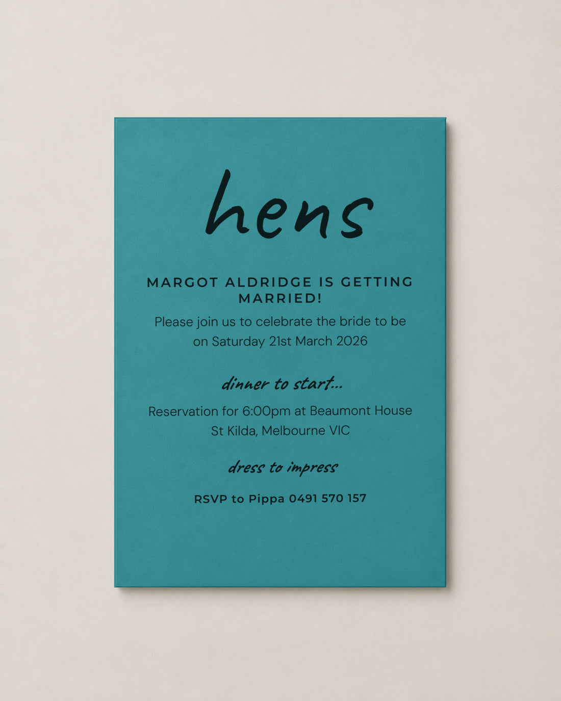 The Cassia hens invitation, personalised and printed in Australia