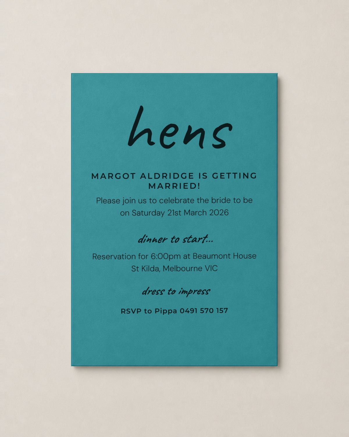 The Cassia hens invitation, personalised and printed in Australia