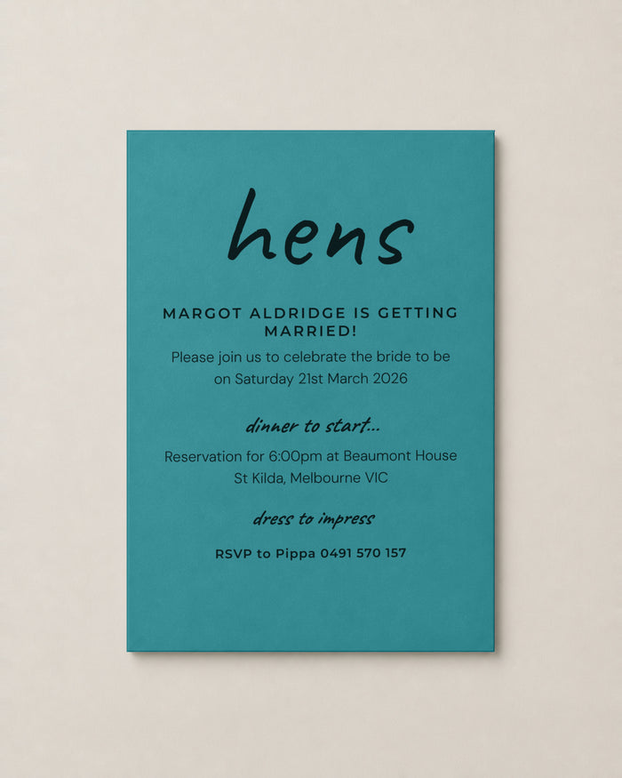 The Cassia hens invitation, personalised and printed in Australia