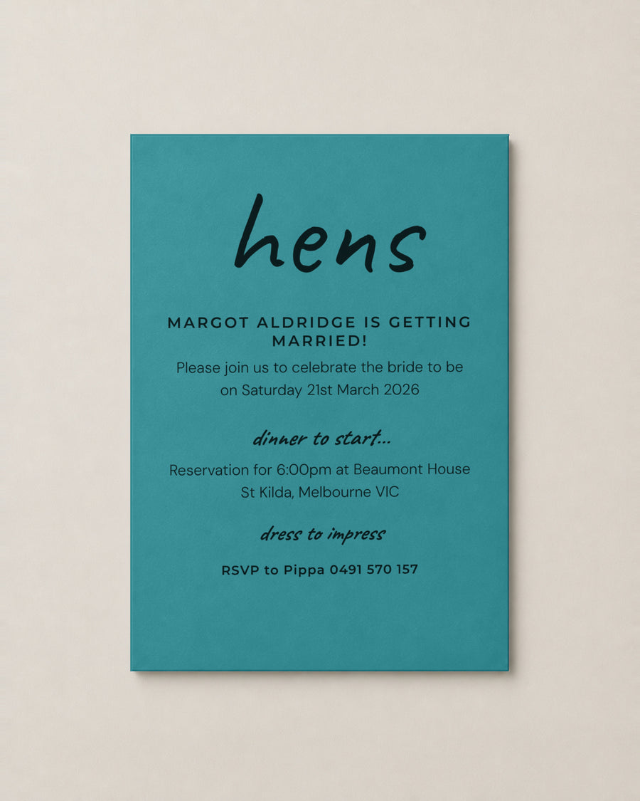 The Cassia hens invitation, personalised and printed in Australia
