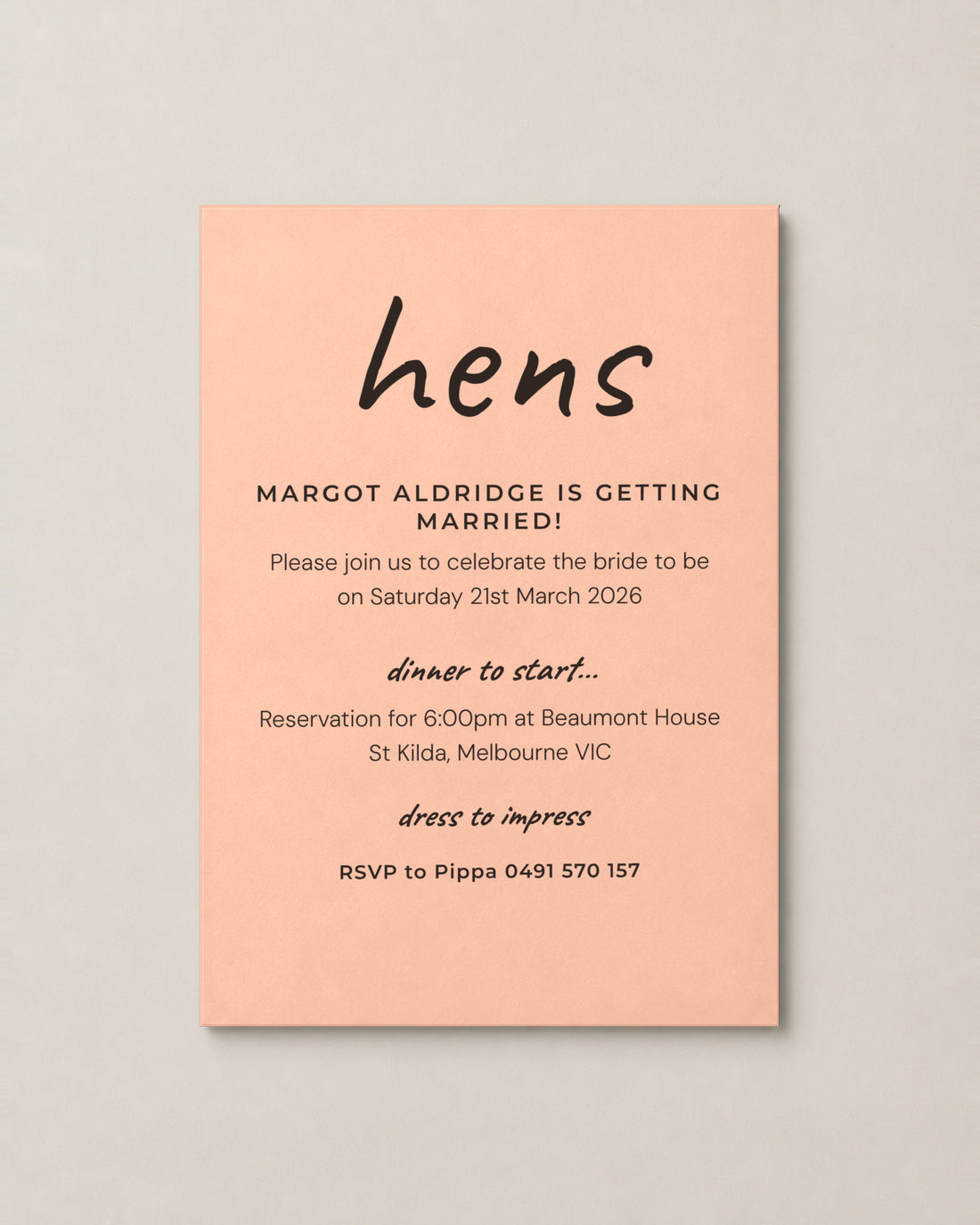 The Cassia hens invitation, second colour