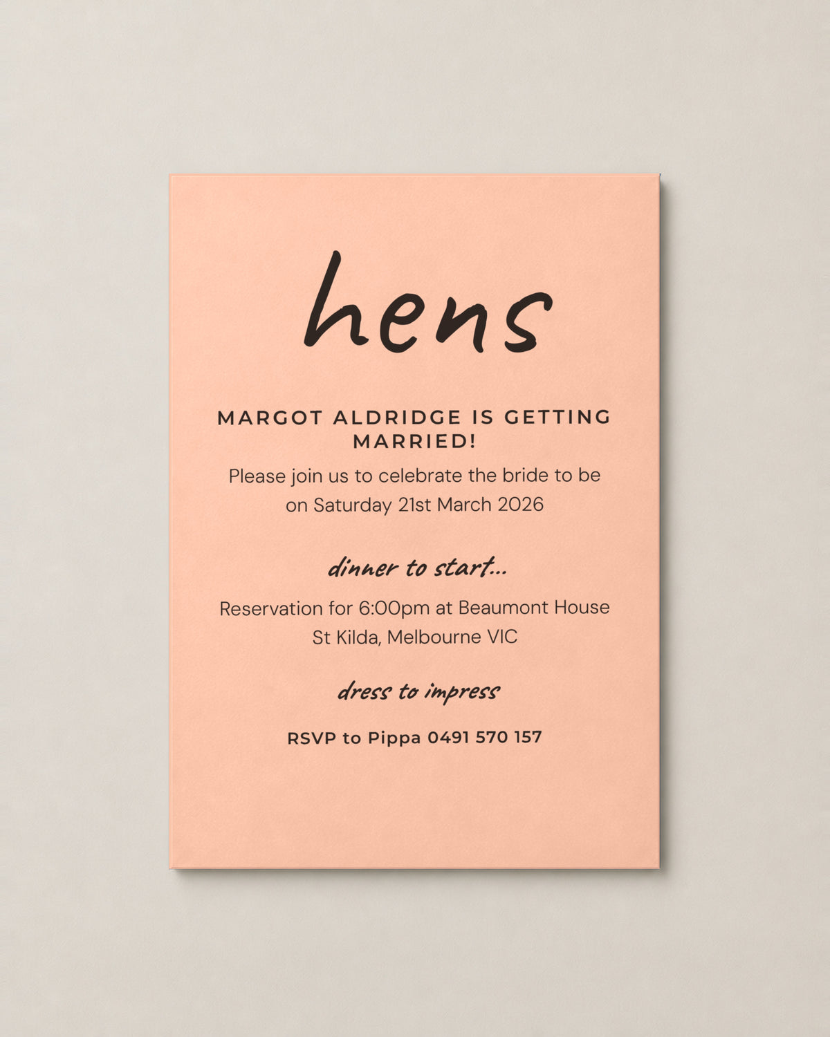 The Cassia hens invitation, second colour