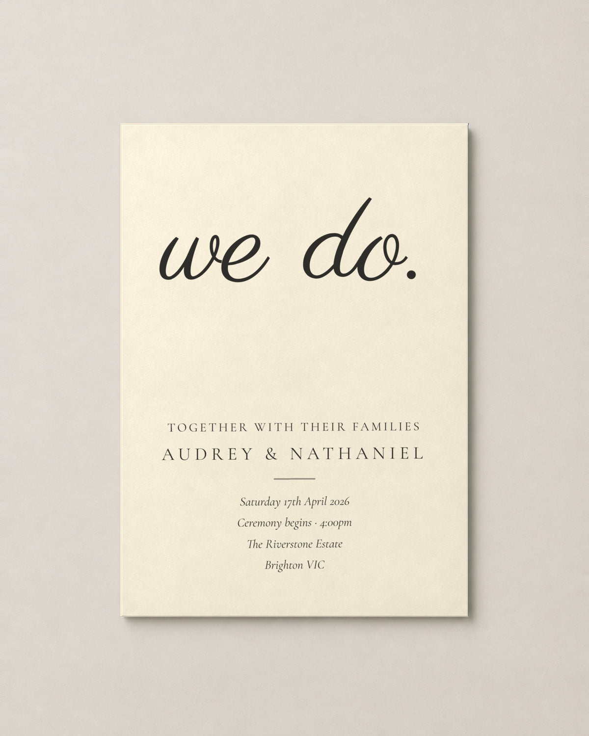 The Coogee wedding invitation, personalised and printed in Australia